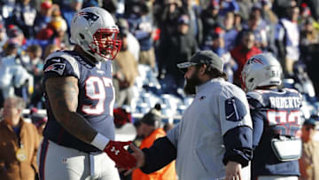 Dec 4, 2016; Foxborough, MA, USA; New England Patriots defensive coordinator Matt Patricia (R) greets New England Patriots defensive tackle Alan Branch (97) prior to their game against the Los Angeles Rams at Gillette Stadium. Mandatory Credit: Winslow Townson-USA TODAY Sports
