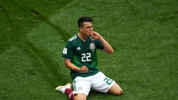 MOSCOW, RUSSIA - JUNE 17: Hirving Lozano of Mexico celebrates by sliding on his knees after scoring his team's first goal during the 2018 FIFA World Cup Russia group F match between Germany and Mexico at Luzhniki Stadium on June 17, 2018 in Moscow, Russia. (Photo by Matthias Hangst/Getty Images)