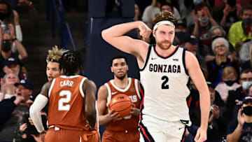 Nov 13, 2021; Spokane, Washington, USA; Gonzaga Bulldogs forward Drew Timme (2) celebrates after a basket against the Texas Longhorns in the second half at McCarthey Athletic Center. Gonzaga won 86-74. Mandatory Credit: James Snook-USA TODAY Sports