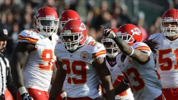December 15, 2013; Oakland, CA, USA; Kansas City Chiefs strong safety Eric Berry (29) celebrates after an interception against the Oakland Raiders during the second quarter at O.co Coliseum. Mandatory Credit: Kyle Terada-USA TODAY Sports