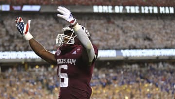 Sep 4, 2021; College Station, Texas, USA; Texas A&M Aggies running back Devon Achane (6) celebrates his touchdown in the third quarter against the Kent State Golden Flashes at Kyle Field. Mandatory Credit: Maria Lysaker-USA TODAY Sports