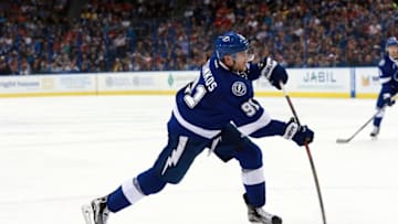 Mar 22, 2016; Tampa, FL, USA; Tampa Bay Lightning center Steven Stamkos (91) passes the puck against the Detroit Red Wings during the second period at Amalie Arena. Mandatory Credit: Kim Klement-USA TODAY Sports