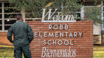 UVALDE, TEXAS - MAY 25: A law enforcement officer stands outside the Robb Elementary School on May 25, 2022 in Uvalde, Texas. According to reports, during the mass shooting, 19 students and 2 adults were killed, with the gunman, identified as 18 year old Salvador Ramos, fatally shot by law enforcement. (Photo by Brandon Bell/Getty Images)