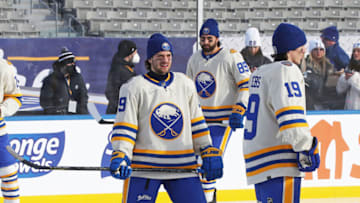 HAMILTON, ON -MARCH 12: Vinnie Hinostroza #29 of the Buffalo Sabres gets set for practice prior to the 2022 Tim Hortons NHL Heritage Classic against the Toronto Maple Leafs at Tim Hortons Field on March 12, 2022 in Hamilton, Ontario, Canada. (Photo by Claus Andersen/Getty Images)