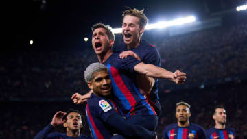 Sergi Roberto celebrates with his Ronald Araujo and Frenkie de Jong after scoring the team’s first goal during the match between FC Barcelona and Real Madrid CF at Spotify Camp Nou on March 19, 2023 in Barcelona, Spain. (Photo by Angel Martinez/Getty Images)