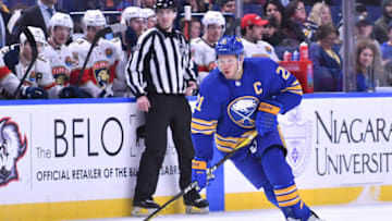Jan 16, 2023; Buffalo, New York, USA; Buffalo Sabres right wing Kyle Okposo (21) skates with the puck in the second period against the Florida Panthers at KeyBank Center. Mandatory Credit: Mark Konezny-USA TODAY Sports