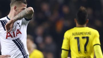 LONDON, ENGLAND - MARCH 17: Toby Alderweireld of Tottenham Hotspur reacts after defeat in the UEFA Europa League round of 16, second leg match between Tottenham Hotspur and Borussia Dortmund at White Hart Lane on March 17, 2016 in London, England. (Photo by Paul Gilham/Getty Images)