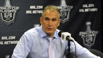 Apr 25, 2014; Philadelphia, PA, USA; Philadelphia Flyers head coach Craig Berube after game four against the New York Rangers of the first round of the 2014 Stanley Cup Playoffs at Wells Fargo Center. The Flyers defeated the Rangers, 2-1. Mandatory Credit: Eric Hartline-USA TODAY Sports