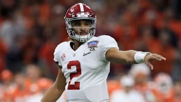 NEW ORLEANS, LA - JANUARY 01: Jalen Hurts #2 of the Alabama Crimson Tide reacts in the first quarter of the AllState Sugar Bowl against the Clemson Tigers at the Mercedes-Benz Superdome on January 1, 2018 in New Orleans, Louisiana. (Photo by Ronald Martinez/Getty Images)