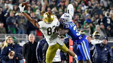 DURHAM, NORTH CAROLINA - NOVEMBER 09: Chase Claypool #83 of the Notre Dame Fighting Irish makes a one-handed catch against Leonard Johnson #33 of the Duke Blue Devils during the first quarter of their game at Wallace Wade Stadium on November 09, 2019 in Durham, North Carolina. (Photo by Grant Halverson/Getty Images)