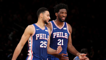 NEW YORK, NY - FEBRUARY 13: Ben Simmons #25 and Joel Embiid #21 of the Philadelphia 76ers smile during a game against the New York Knicks on February 13, 2019 at Madison Square Garden in New York City, New York. NOTE TO USER: User expressly acknowledges and agrees that, by downloading and or using this photograph, User is consenting to the terms and conditions of the Getty Images License Agreement. Mandatory Copyright Notice: Copyright 2019 NBAE (Photo by Nathaniel S. Butler/NBAE via Getty Images)