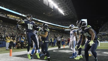 January 7, 2017; Seattle, WA, USA; Seattle Seahawks wide receiver Paul Richardson (10) celebrates his touchdown scored against the Detroit Lions during the first half in the NFC Wild Card playoff football game at CenturyLink Field. Mandatory Credit: Troy Wayrynen-USA TODAY Sports