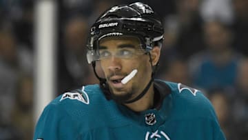SAN JOSE, CA - APRIL 18: Evander Kane #9 of the San Jose Sharks looks on against the Anaheim Ducks during the third period in Game Four of the Western Conference First Round during the 2018 NHL Stanley Cup Playoffs at SAP Center on April 18, 2018 in San Jose, California. (Photo by Thearon W. Henderson/Getty Images)