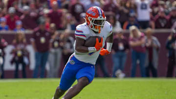 Nov 5, 2022; College Station, Texas, USA; Florida Gators running back Trevor Etienne (7) runs the ball in the first half against the Texas A&M Aggies at Kyle Field. Mandatory Credit: Daniel Dunn-USA TODAY Sports