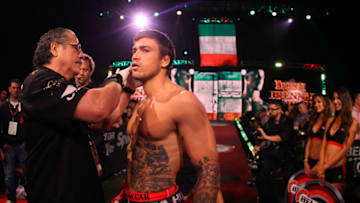 UNCASVILLE, CT - APRIL 22: Brennan Ward walks to the cage for his bout against Evangelista Santos (not shown) at Mohegan Sun Arena on April 22, 2016 in Uncasville, Connecticut. (Photo by Ed Mulholland/Getty Images)