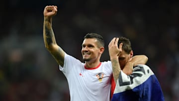 MOSCOW, RUSSIA - JULY 11: Dejan Lovren of Croatia celebrates victory with Mario Mandzukic of Croatia after the 2018 FIFA World Cup Russia Semi Final match between England and Croatia at Luzhniki Stadium on July 11, 2018 in Moscow, Russia. (Photo by Dan Mullan/Getty Images)