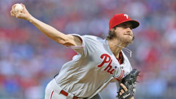 BOSTON, MASSACHUSETTS - AUGUST 20: Starting pitcher Aaron Nola #27 of the Philadelphia Phillies throws to a Boston Red Sox batter during the first inning at Fenway Park on August 20, 2019 in Boston, Massachusetts. (Photo by Maddie Meyer/Getty Images)