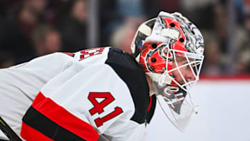 Oct 24, 2023; Montreal, Quebec, CAN; New Jersey Devils goalie Vitek Vanecek (41) looks on against the Montreal Canadiens during the second period at Bell Centre. Mandatory Credit: David Kirouac-USA TODAY Sports