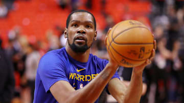 TORONTO, ONTARIO - JUNE 10: Kevin Durant #35 of the Golden State Warriors warms up prior to Game Five of the 2019 NBA Finals against the Toronto Raptors at Scotiabank Arena on June 10, 2019 in Toronto, Canada. NOTE TO USER: User expressly acknowledges and agrees that, by downloading and or using this photograph, User is consenting to the terms and conditions of the Getty Images License Agreement. (Photo by Gregory Shamus/Getty Images)