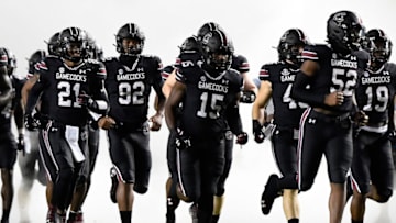 The South Carolina Gamecocks take the field. (Photo by Mike Comer/Getty Images)