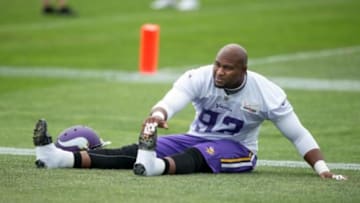 Jul 25, 2014; Mankato, MN, USA; Minnesota Vikings defensive tackle Tom Johnson (92) gets ready for training camp practice at Minnesota State University. Mandatory Credit: Bruce Kluckhohn-USA TODAY Sports