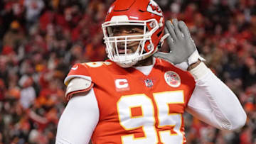 Jan 29, 2023; Kansas City, Missouri, USA; Kansas City Chiefs defensive tackle Chris Jones (95) celebrates after a sack against the Cincinnati Bengals during the first quarter of the AFC Championship game at GEHA Field at Arrowhead Stadium. Mandatory Credit: Denny Medley-USA TODAY Sports
