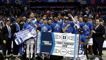 CHARLOTTE, NORTH CAROLINA - MARCH 16: The Duke Blue Devils pose with the ACC Championship trophy after defeating the Florida State Seminoles 73-63 in the championship game of the 2019 Men's ACC Basketball Tournament at Spectrum Center on March 16, 2019 in Charlotte, North Carolina. (Photo by Streeter Lecka/Getty Images)