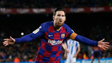 BARCELONA, SPAIN - MARCH 07: Lionel Messi of FC Barcelona celebrates the 1-0 during the Liga match between FC Barcelona and Real Sociedad at Camp Nou on March 07, 2020 in Barcelona, Spain. (Photo by Eric Alonso/MB Media/Getty Images)