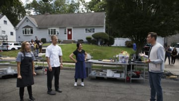 Host Jeff Mauro gives chefs Jill Dobias, Stephan Bogardus and Jae Eun Jung their round one challenge, as seen on Kitchen Crash, Season 1. Photo provided by Food Network