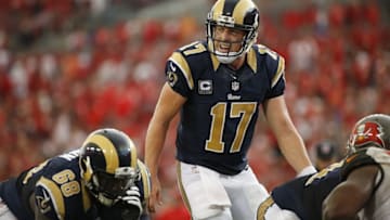 Sep 25, 2016; Tampa, FL, USA; Los Angeles Rams quarterback Case Keenum (17) calls a play against the Tampa Bay Buccaneers during the second half at Raymond James Stadium. Mandatory Credit: Kim Klement-USA TODAY Sports