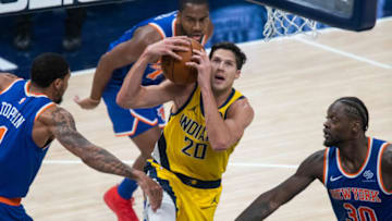Dec 23, 2020; Indianapolis, Indiana, USA; Indiana Pacers forward Doug McDermott (20) shoots the ball in the second quarter against the New York Knicks at Bankers Life Fieldhouse. Mandatory Credit: Trevor Ruszkowski-USA TODAY Sports