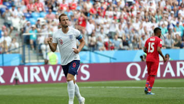 NIZHNY NOVGOROD, RUSSIA - JUNE 24: Harry Kane of England celebrates after scoring his team's fifth goal during the 2018 FIFA World Cup Russia group G match between England and Panama at Nizhny Novgorod Stadium on June 24, 2018 in Nizhny Novgorod, Russia. (Photo by Alex Morton/Getty Images)