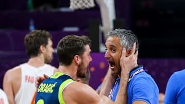 ISTANBUL, TURKEY - SEPTEMBER 14: Goran Dragic (3) and head coach of Slovenia, Igor Kokoskov (R) celebrate after winning the FIBA Eurobasket 2017 semi final basketball match against Spain at Sinan Erdem Dome in Istanbul, Turkey on September 14, 2017. (Photo by Salih Zeki Fazlioglu/Anadolu Agency/Getty Images)