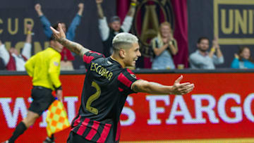 ATLANTA, GA - OCTOBER 19: Atlanta United defender Franco Escobar (2) celebrates his goal during the MLS playoff match between the New England Revolution and Atlanta United FC on October 19, 2019 at Mercedes-Benz Stadium in Atlanta, GA. (Photo by John Adams/Icon Sportswire via Getty Images)