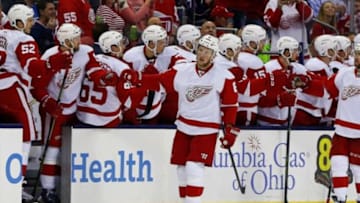 Mar 8, 2016; Columbus, OH, USA; Detroit Red Wings left wing Justin Abdelkader (8) celebrates a goal against the Columbus Blue Jackets during the second period at Nationwide Arena. Mandatory Credit: Russell LaBounty-USA TODAY Sports