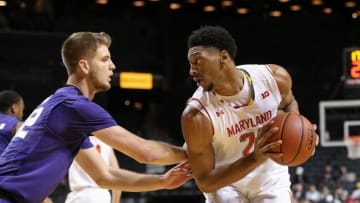 Nov 26, 2016; Brooklyn, NY, USA; Maryland Terrapins forward Justin Jackson (21) looks to drive against the Kansas State Wildcats during the first half of the championship game of the Barclays Center Classic at Barclays Center. Mandatory Credit: Vincent Carchietta-USA TODAY Sports