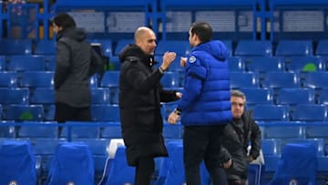Chelsea's English head coach Frank Lampard (R) shakes hands with Manchester City's Spanish manager Pep Guardiola (L) at the end of the match during the English Premier League football match between Chelsea and Manchester City at Stamford Bridge in London on January 3, 2021. - Manchester City won the game 3-1. (Photo by Shaun Botterill / POOL / AFP) / RESTRICTED TO EDITORIAL USE. No use with unauthorized audio, video, data, fixture lists, club/league logos or 'live' services. Online in-match use limited to 120 images. An additional 40 images may be used in extra time. No video emulation. Social media in-match use limited to 120 images. An additional 40 images may be used in extra time. No use in betting publications, games or single club/league/player publications. / (Photo by SHAUN BOTTERILL/POOL/AFP via Getty Images)