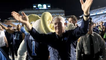 CHAPEL HILL, NORTH CAROLINA - OCTOBER 26: Head coach Mack Brown of the North Carolina Tar Heels celebrates after defeating the Duke Blue Devils 20-17 at Kenan Stadium on October 26, 2019 in Chapel Hill, North Carolina. (Photo by Streeter Lecka/Getty Images)