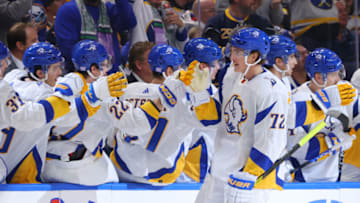 Nov 12, 2022; Buffalo, New York, USA; Buffalo Sabres right wing Tage Thompson (72) scores a shorthanded goal during the first period against the Boston Bruins at KeyBank Center. Mandatory Credit: Timothy T. Ludwig-USA TODAY Sports