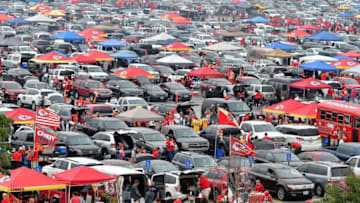 Tailgating in the parking lot before a football game between the Kansas City Chiefs and Philadelphia Eagles on Sunday, Sept. 17, 2017 at Arrowhead Stadium in Kansas City, Mo. (John Sleezer/Kansas City Star/Tribune News Service via Getty Images)