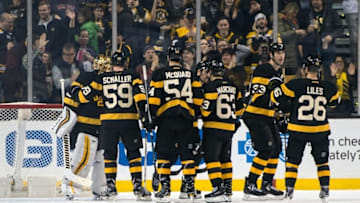 Nov 19, 2016; Boston, MA, USA; Teammates congratulate Boston Bruins goalie Tuukka Rask (40) after winning the game against the Winnipeg Jets at TD Garden. The Bruins won 4-1. Mandatory Credit: Gregory J. Fisher-USA TODAY Sports