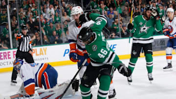 DALLAS, TX - NOVEMBER 10: Gemel Smith #46 of the Dallas Stars celebrates a goal against the New York Islanders at the American Airlines Center on November 10, 2017 in Dallas, Texas. (Photo by Glenn James/NHLI via Getty Images)