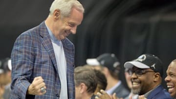 CHAPEL HILL, NC- APRIL 4: Head coach Roy Williams of the North Carolina Tar Heels reacts after his speech during their welcome-home reception for the NCAA men's basketball team on April 4, 2017 in Chapel Hill, North Carolina. The Tar Heels defeated the Gonzaga Bulldogs 71-65 yesterday to win the national championship. (Photo by Sara D. Davis/Getty Images)