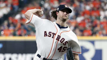 HOUSTON, TX - OCTOBER 22: Gerrit Cole #45 of the Houston Astros pitches during Game 1 of the 2019 World Series between the Washington Nationals and the Houston Astros at Minute Maid Park on Tuesday, October 22, 2019 in Houston, Texas. (Photo by Rob Tringali/MLB Photos via Getty Images)