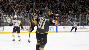 Jonathan Marchessault #81 of the Vegas Golden Knights reacts after scoring a power-play goal in overtime to defeat the St. Louis Blues 6-5 during their game at T-Mobile Arena on February 13, 2020 in Las Vegas, Nevada. (Photo by Ethan Miller/Getty Images)