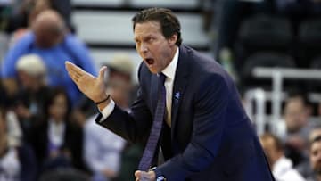 Apr 1, 2016; Salt Lake City, UT, USA; Utah Jazz head coach Quin Snyder reacts in the first quarter against the Minnesota Timberwolves at Vivint Smart Home Arena. Mandatory Credit: Jeff Swinger-USA TODAY Sports