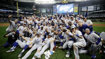 MILWAUKEE, WI - OCTOBER 20: The Los Angeles Dodgers celebrate after defeating the Milwaukee Brewers in Game Seven to win the National League Championship Series at Miller Park on October 20, 2018 in Milwaukee, Wisconsin. (Photo by Jonathan Daniel/Getty Images)