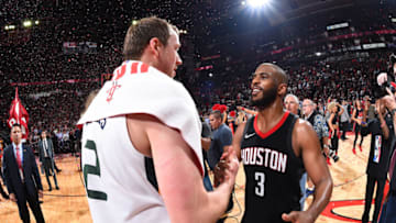 HOUSTON, TX - MAY 8: Chris Paul #3 of the Houston Rockets and Joe Ingles #2 of the Utah Jazz hug after the game during Game Five of the Western Conference Semifinals of the 2018 NBA Playoffs on May 8, 2018 at the Toyota Center in Houston, Texas. Copyright 2018 NBAE (Photo by Andrew D. Bernstein/NBAE via Getty Images)