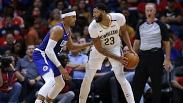 NEW ORLEANS, LA - OCTOBER 23: Anthony Davis #23 of the New Orleans Pelicans drives against Tobias Harris #34 of the LA Clippers during a game at the Smoothie King Center on October 23, 2018 in New Orleans, Louisiana. NOTE TO USER: User expressly acknowledges and agrees that, by downloading and or using this photograph, User is consenting to the terms and conditions of the Getty Images License Agreement. (Photo by Jonathan Bachman/Getty Images)