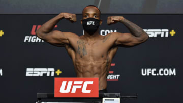 LAS VEGAS, NEVADA - MARCH 12: In this UFC handout, Leon Edwards of Jamaica poses on the scale during the UFC weigh-in at UFC APEX on March 12, 2021 in Las Vegas, Nevada. (Photo by Jeff Bottari/Zuffa LLC via Getty Images)